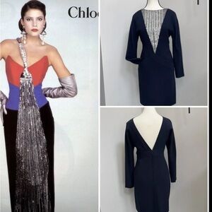 Vintage F/W 1983 Chloe By Karl Lagerfeld Embellished Navy Dress